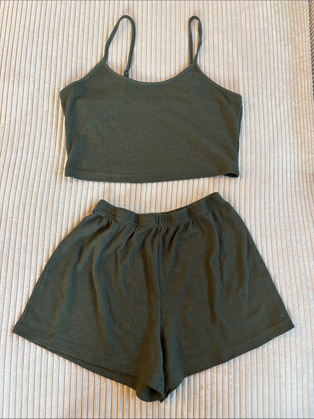 Olive Ribbed Camisole & Shorts Sleep Set - Unbranded